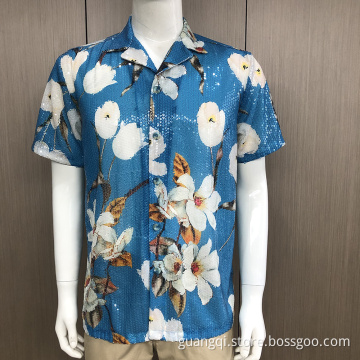 100% polyester kostym paljetter kortärmad skjorta för män